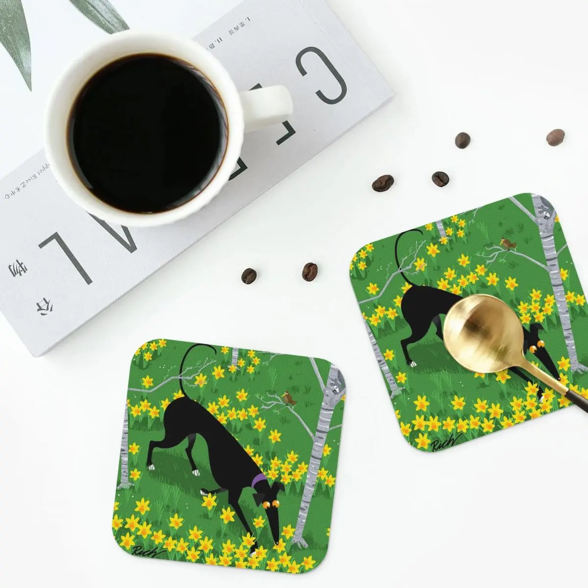 Daffodil Hound Coasters PVC Leather Placemats Non-slip Insulation Coffee Mats for Decor Home Kitchen Dining Pads 4 Shapes