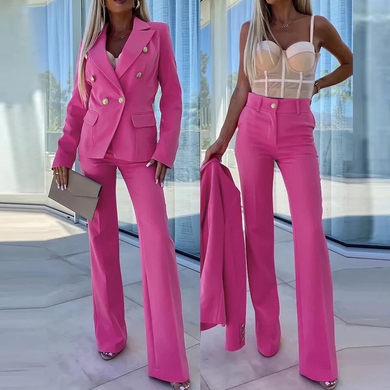 

Женский повседневный однотонный комплект с длинными рукавами, элегантный темпераментный комплект из 2 предметов, модные костюмы с лацканами и длинные брючные костюмы