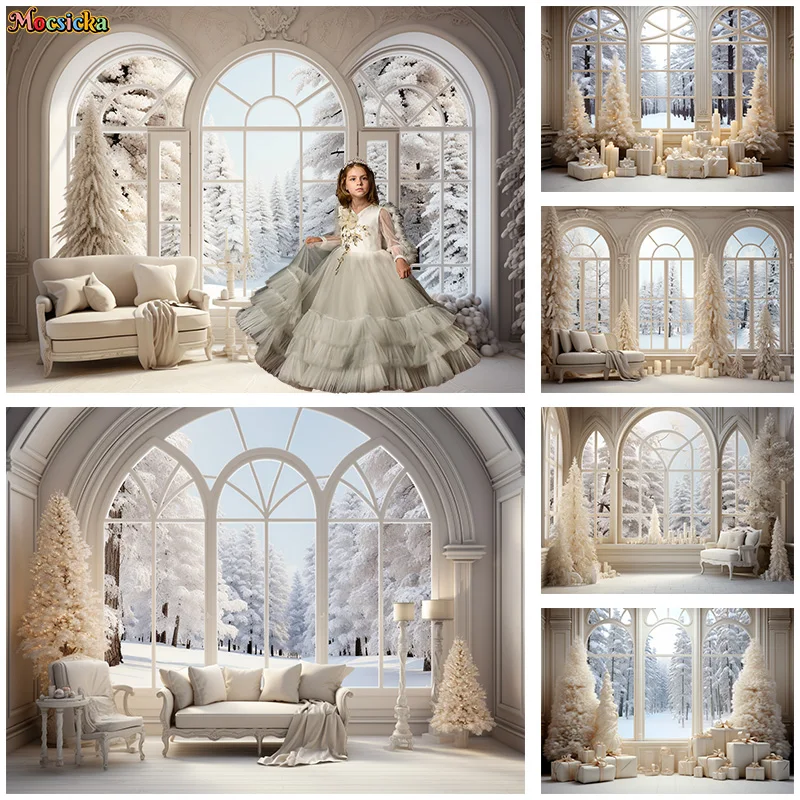 

Photography Backdrop Christmas New Year's Eve Party Window View Forest Sofa Background Family Portrait Kid Portrait Studio Photo