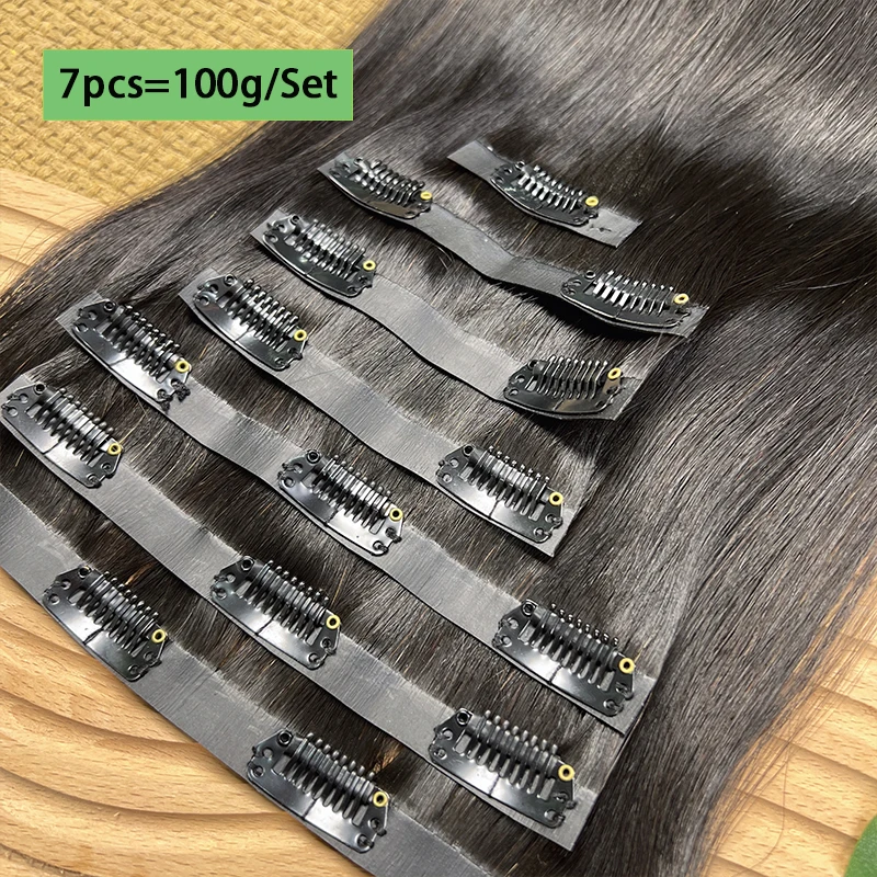 스트레이트 PU 클립 인 헤어 익스텐션, 인비저블 심리스 생처녀 인모 클립 인 익스텐션, 내추럴 블랙 7피스 100g/세트