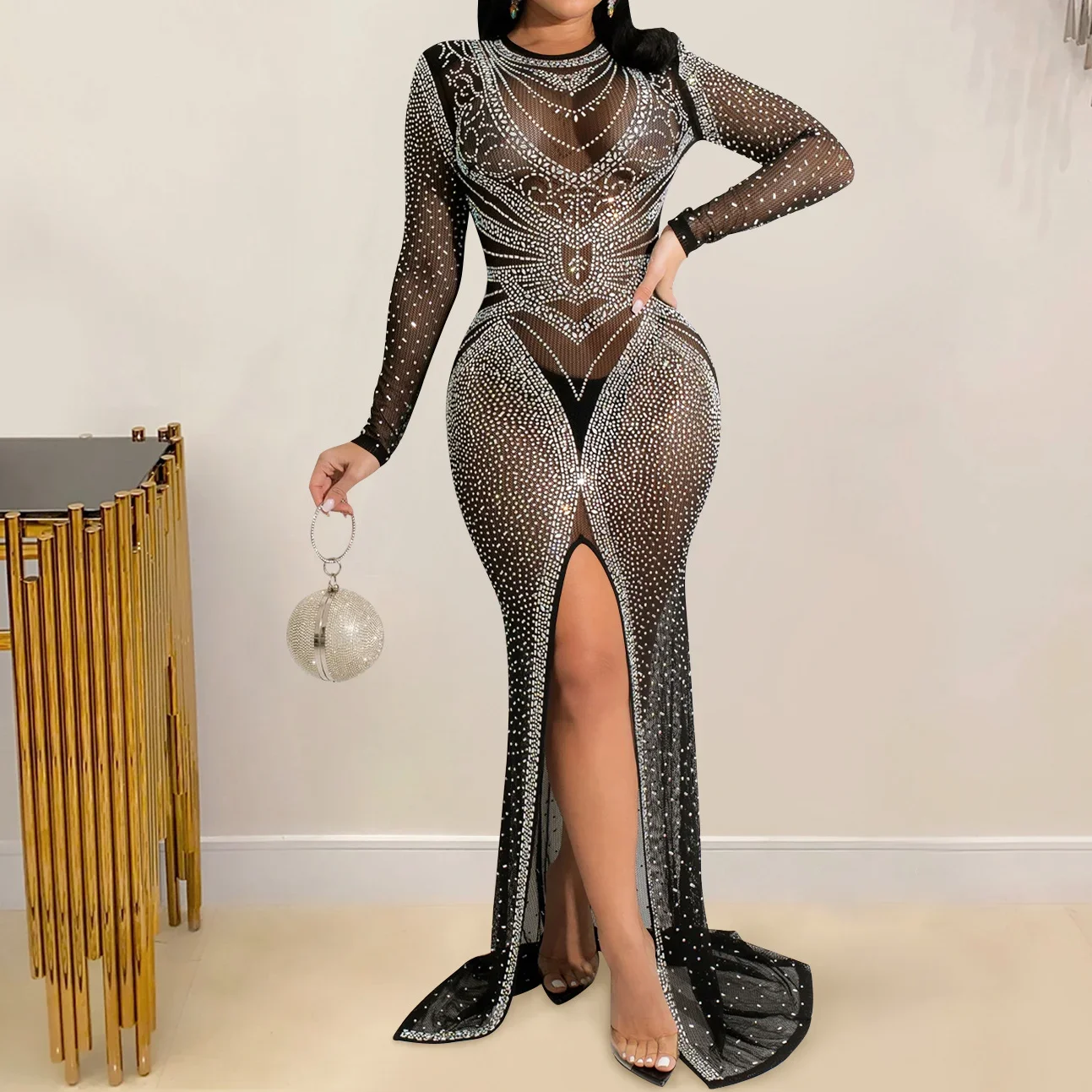 Robe de Soirée Longue Transparente en Maille et Strass pour Femme Tenue de Bal Sexy et Formelle, HXY121