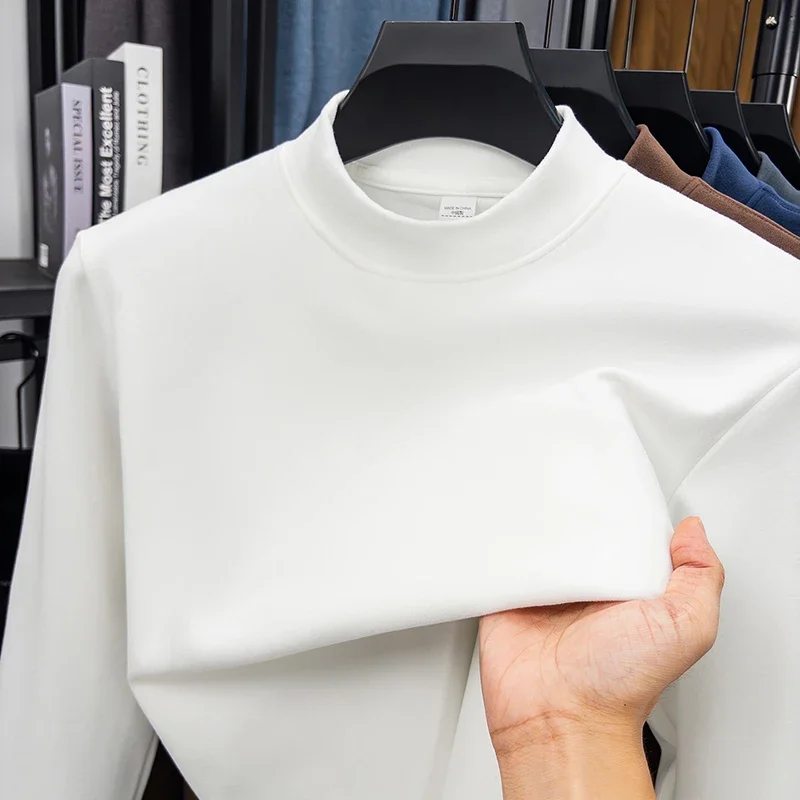 2025 New Men's Casual Solid Color High Collar Velvet Long Sleeve T-shirt Spring and Autumn Versatile Comfortable Top image 3