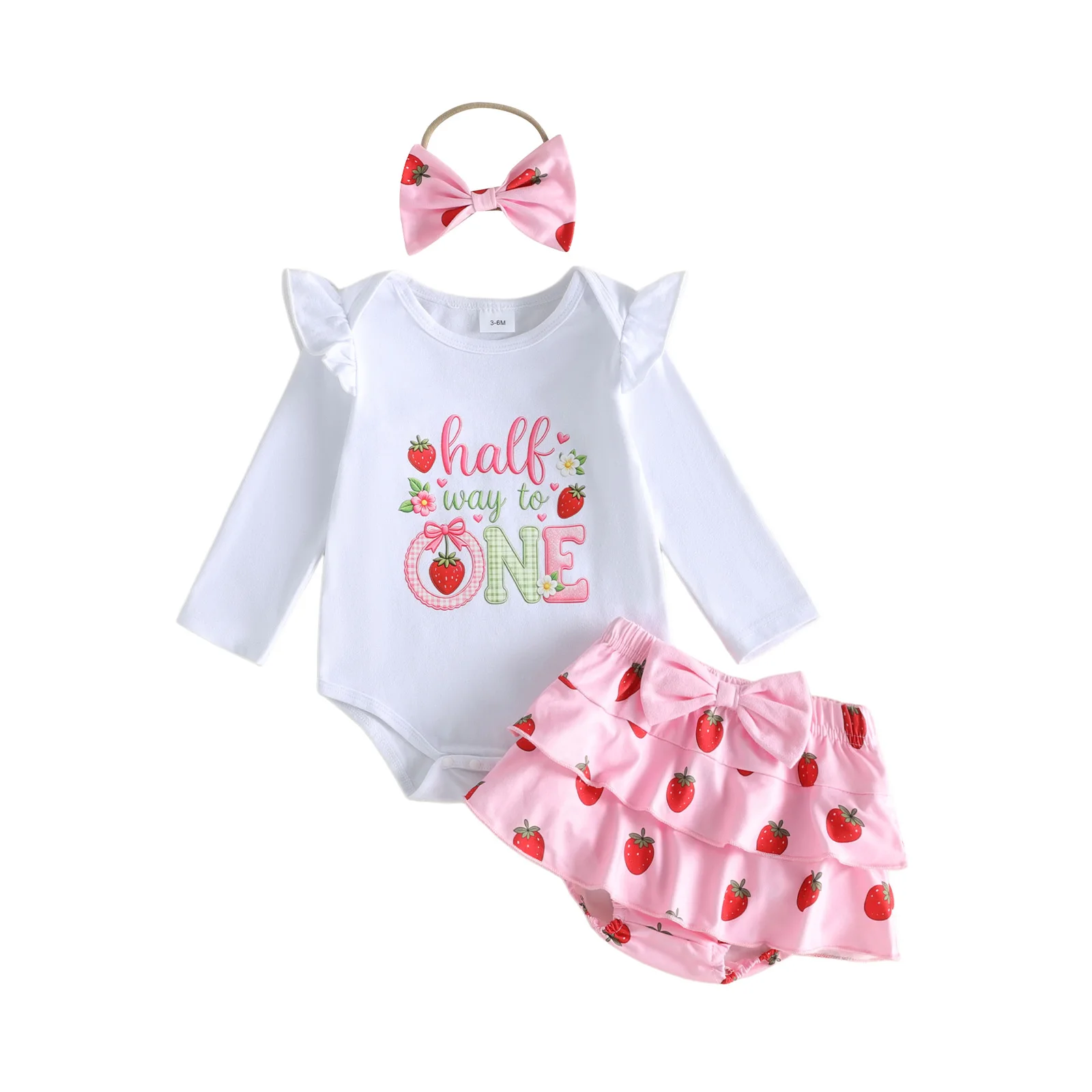 Baby Girl Birthday Outfit Letters Romper and Strawberry/Bow Shorts Headband