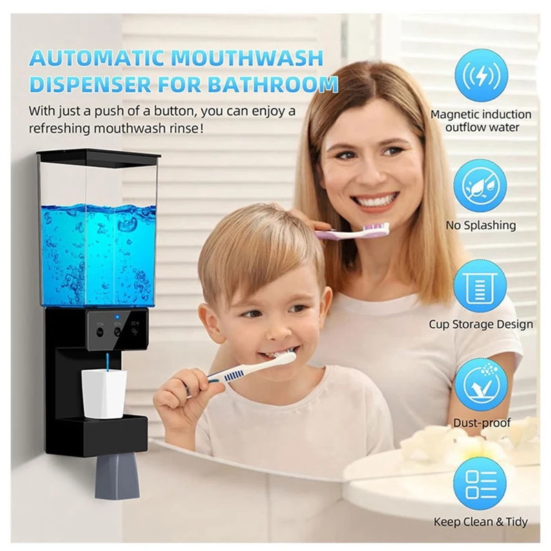 ABHG Mouthwash Dispenser For Bathroom Touchless 650ML,Wall Mounted Automatic Mouthwash Dispenser With 2Pcs Magnetic Cups