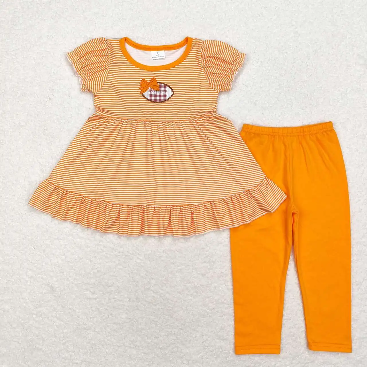 

RTS Baby Girls Toddler Wholesale Football Team Orange Embroidery Ruffles Tunic Top Kids Legging Boutique Outfits Clothes Sets