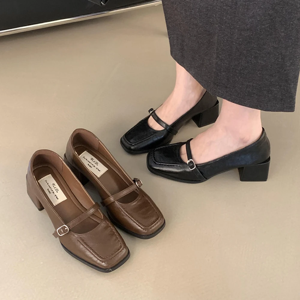 

Womens Square Toe Chunky Heels Mary Jane Shoes Pumps Fashion Classic Leather Uniform Dress Shoes Loafer Heel Height 5cm