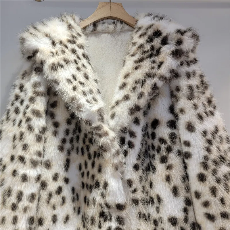 2025 خريف شتاء جديد النمط الفرنسي رغبة نقية ليوبارد طباعة فروي متكاملة صديقة للبيئة الفراء سترة منتصف طول أفخم معطف