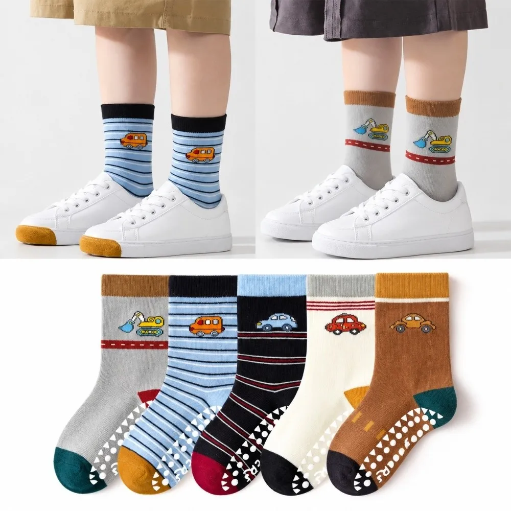 5 Pairs Cute Breathable Non-Slip Socks Cotton Mid Calf Anti Skid Socks Multi Pattern Stretch Floor Socks For Toddler Children