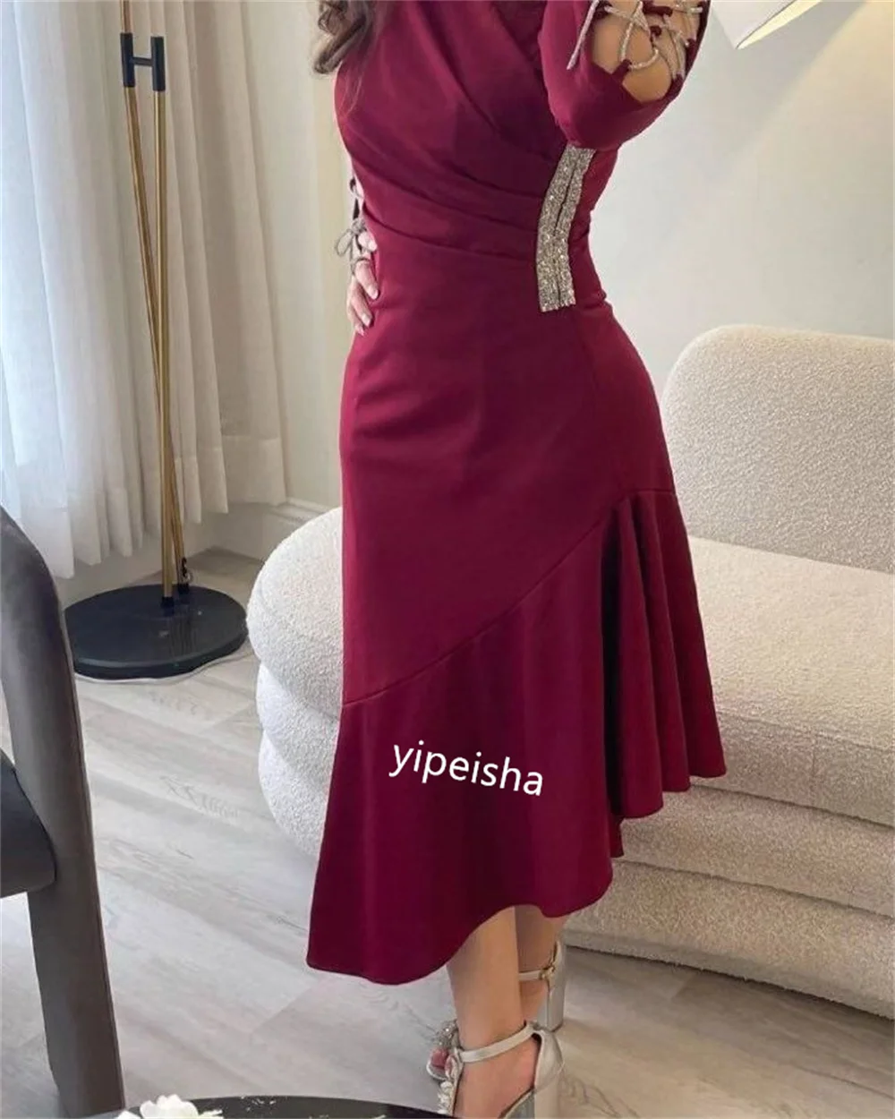 Evening Jersey Beading Criss-Cross Graduation A-line High Collar Bespoke Occasion Gown Midi Dresses Saudi Arabia