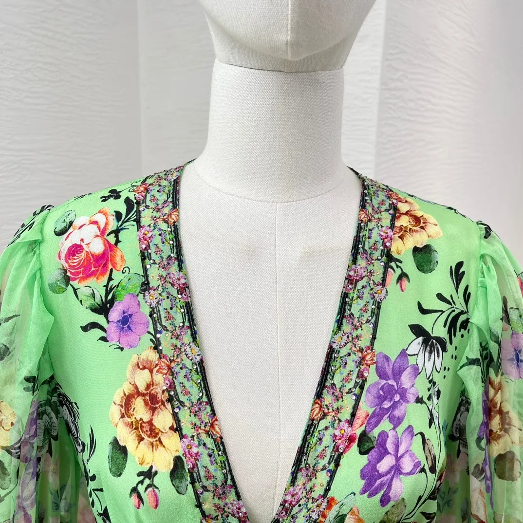 Vestido corto de seda pura para mujer, minivestido de manga larga con estampado Floral verde, diamantes prensados, cuello en V, 2024