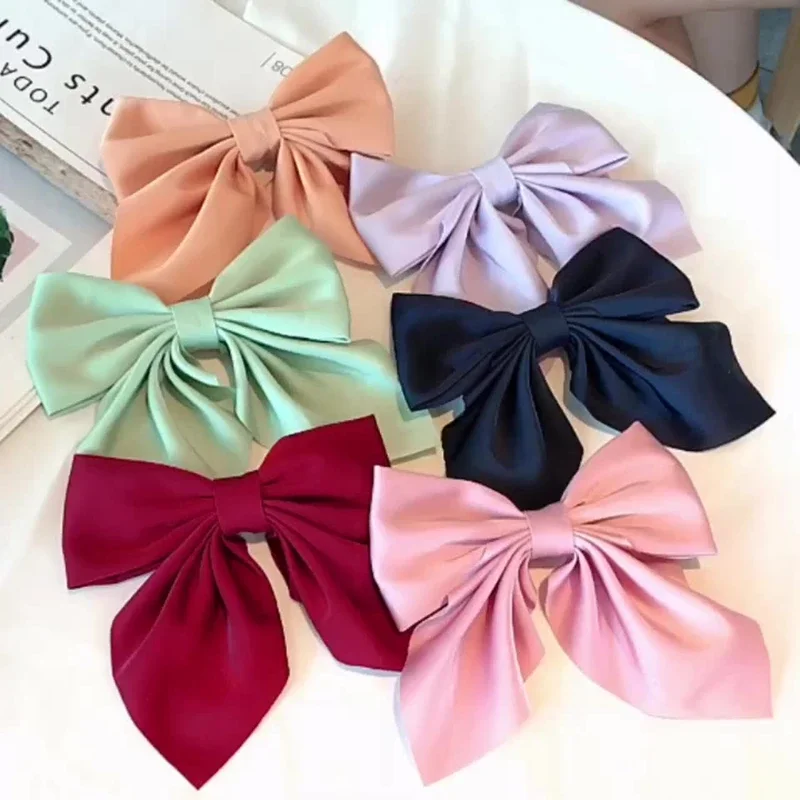 Elegant Bow Ribbon Hair Clip Fashion Simple Solid Satin Spring Clip Hair Pin Retro Headband With Clips Girls Hair Accessories