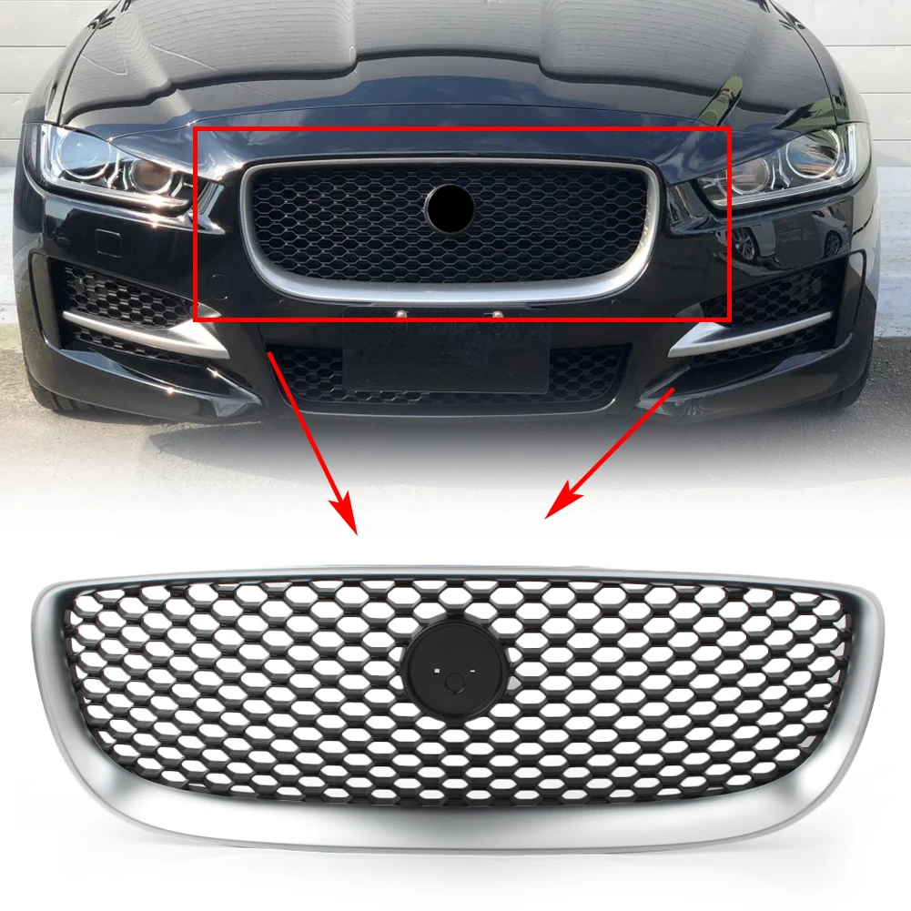 

Silver ABS Car Front Bumper Grill Upper Mesh Grille w/ logo For Jaguar XE 2015 2016 2017 2018