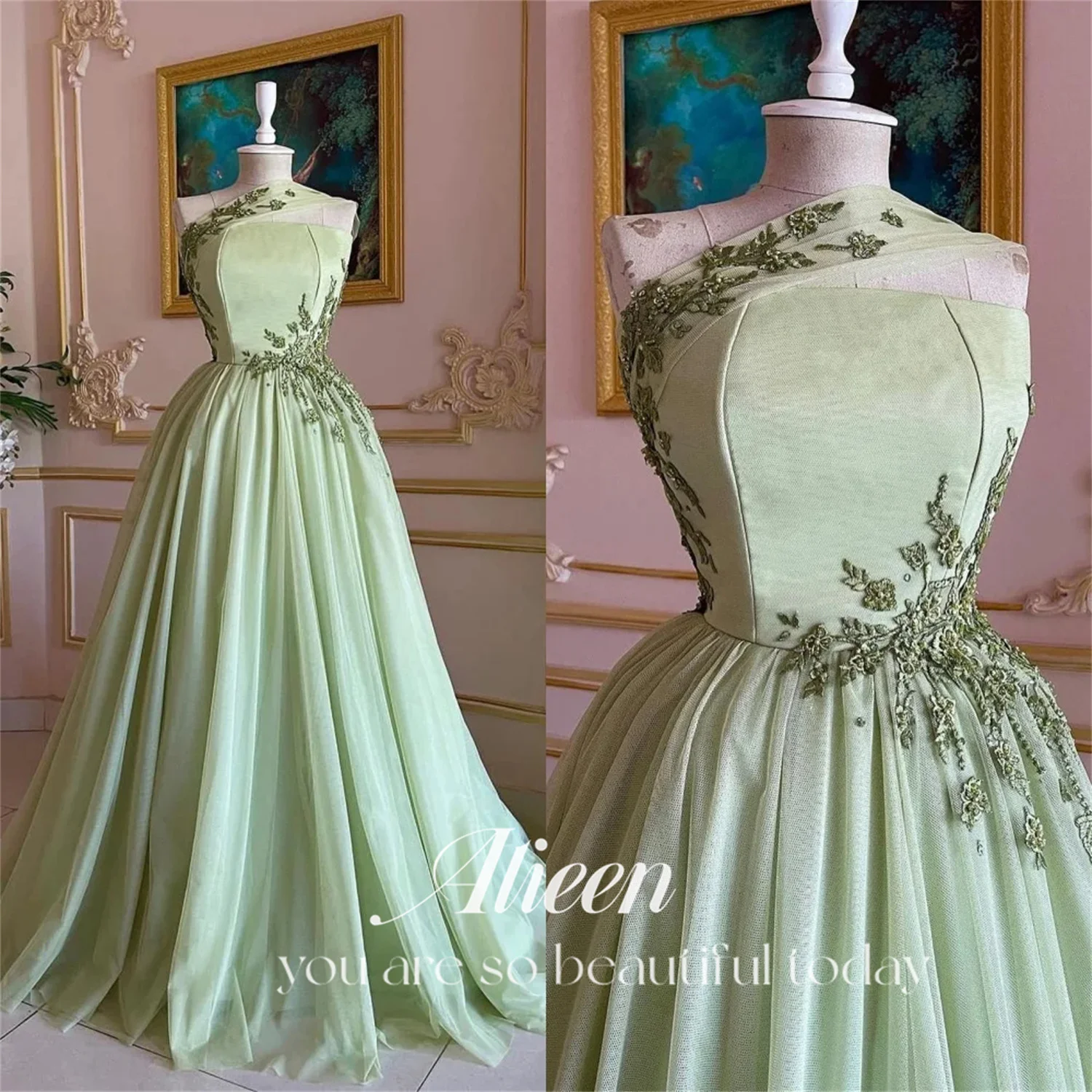 

Green Lace Appliqué A-line Dubai Luxury Evening Dress Elegant Party Dresses Women Women's Luxurious Saudi customizedNew Woman