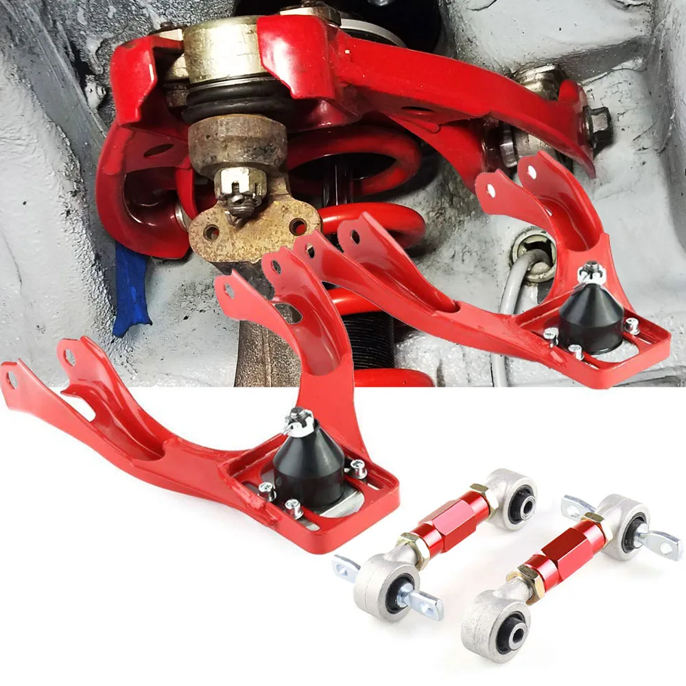 Ou honda civic 92-95/integra frente braço de controle superior tubo camber kit + 92-00 ajustável traseiro camber braços vermelho