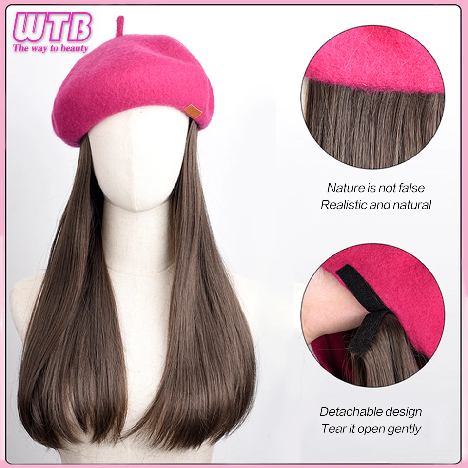 Synthetic Fashion Beret Long Straight Wig integration 45cm High quality Heat-resistant Hair Suitable for women\'s Daily wear.