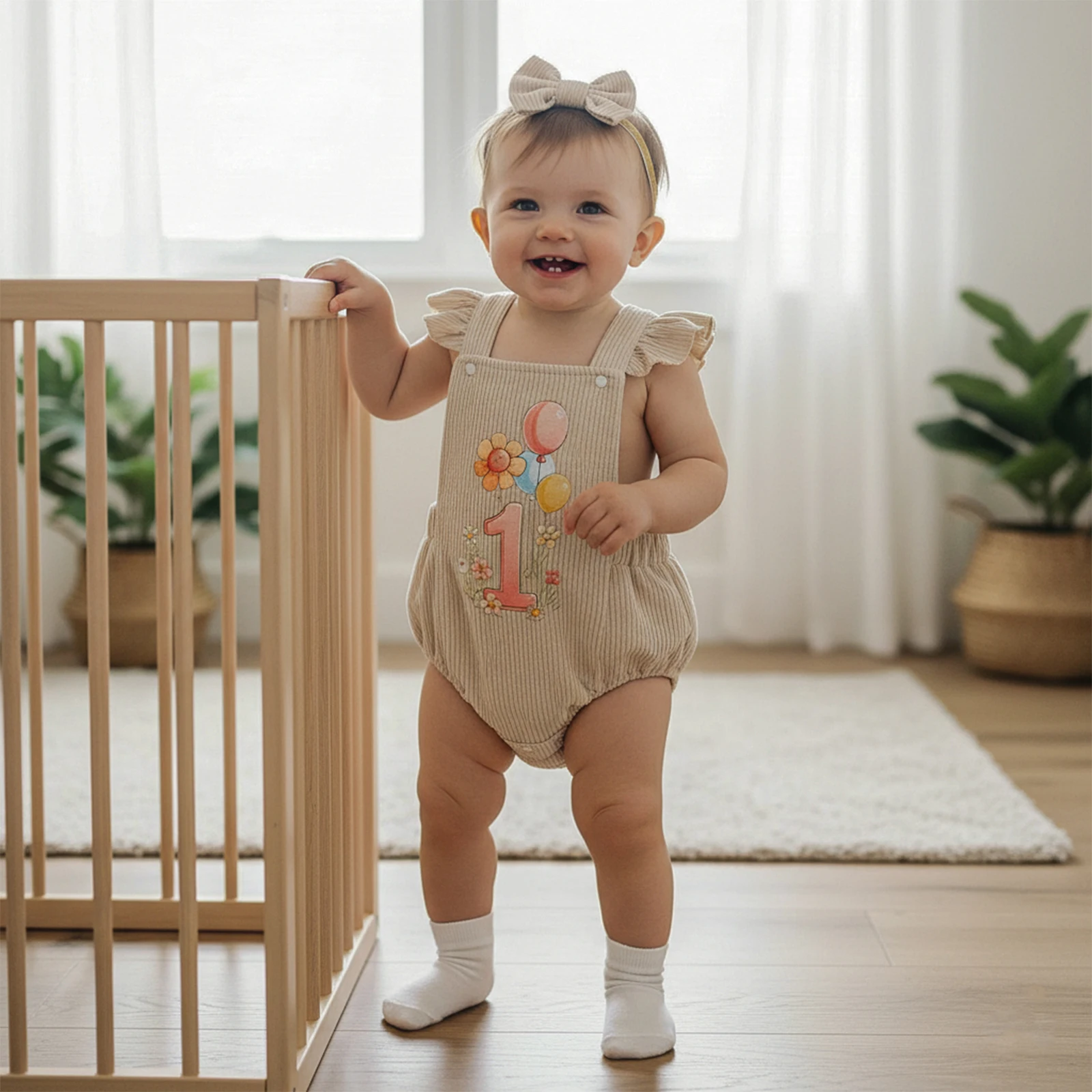 

Одежда для малышей, комплект из двух предметов для девочек на день рождения, милый вельветовый комбинезон с квадратным воротником и принтом воздушных шаров с бантом на голову