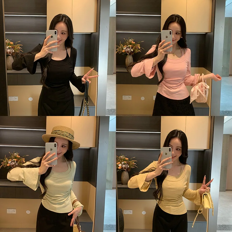 

Spring Faion Set Women's Long Sve Ne Hanging Pants Suit Slimming Micro Flare Trousers Ele Personali Small irt