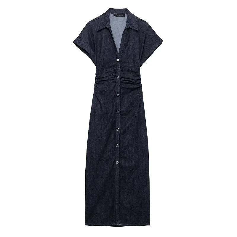 HXAO Blue Denim Dresses Woman Short Sleeve Shirt Long Dress Women Summer Ruched Bodycon Casual Dresses Elegant Midi Dress 088