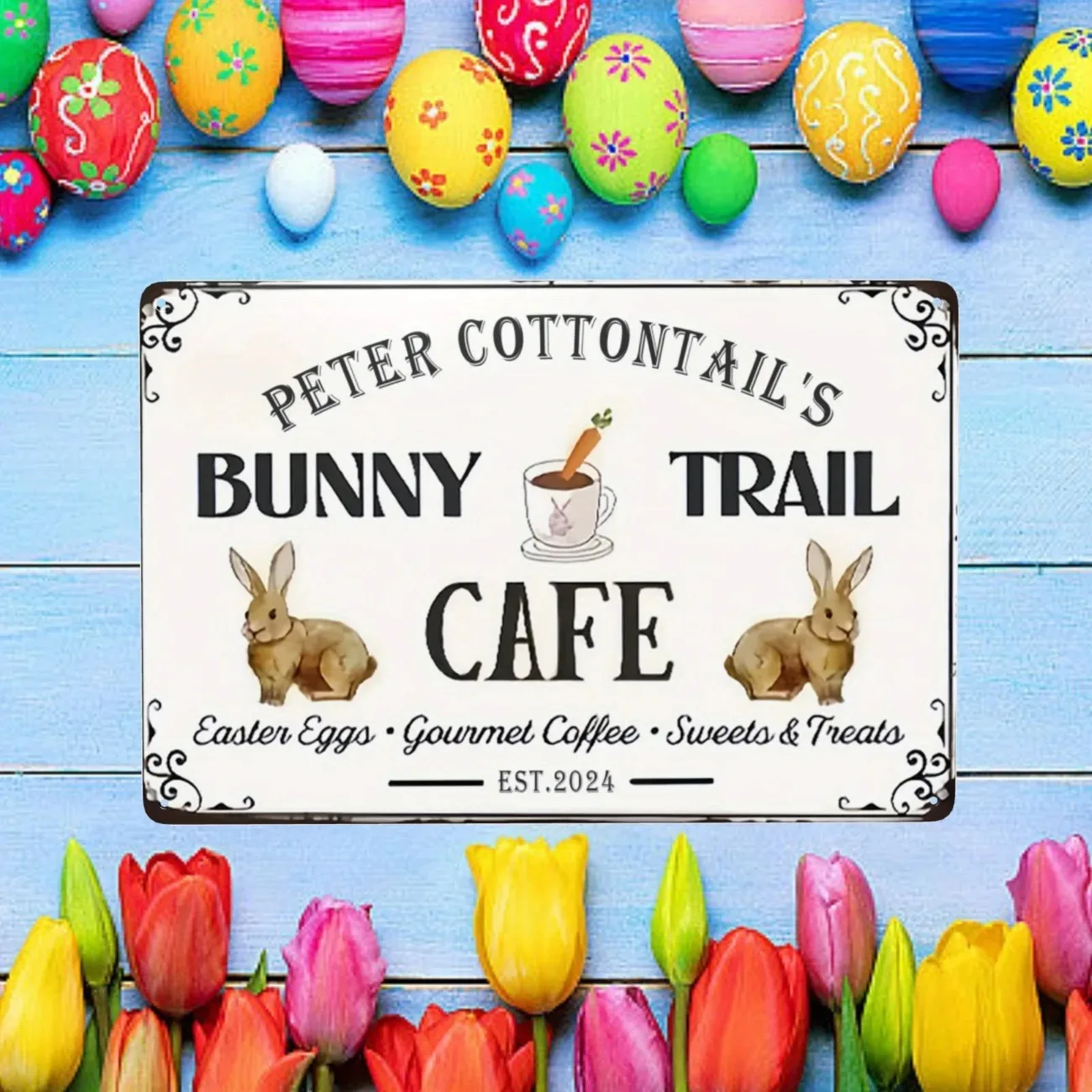 [2D Flat] Easter Bunny Metal Plaque Customizable Personalized Spring Holiday Wall Art For Decoration Only