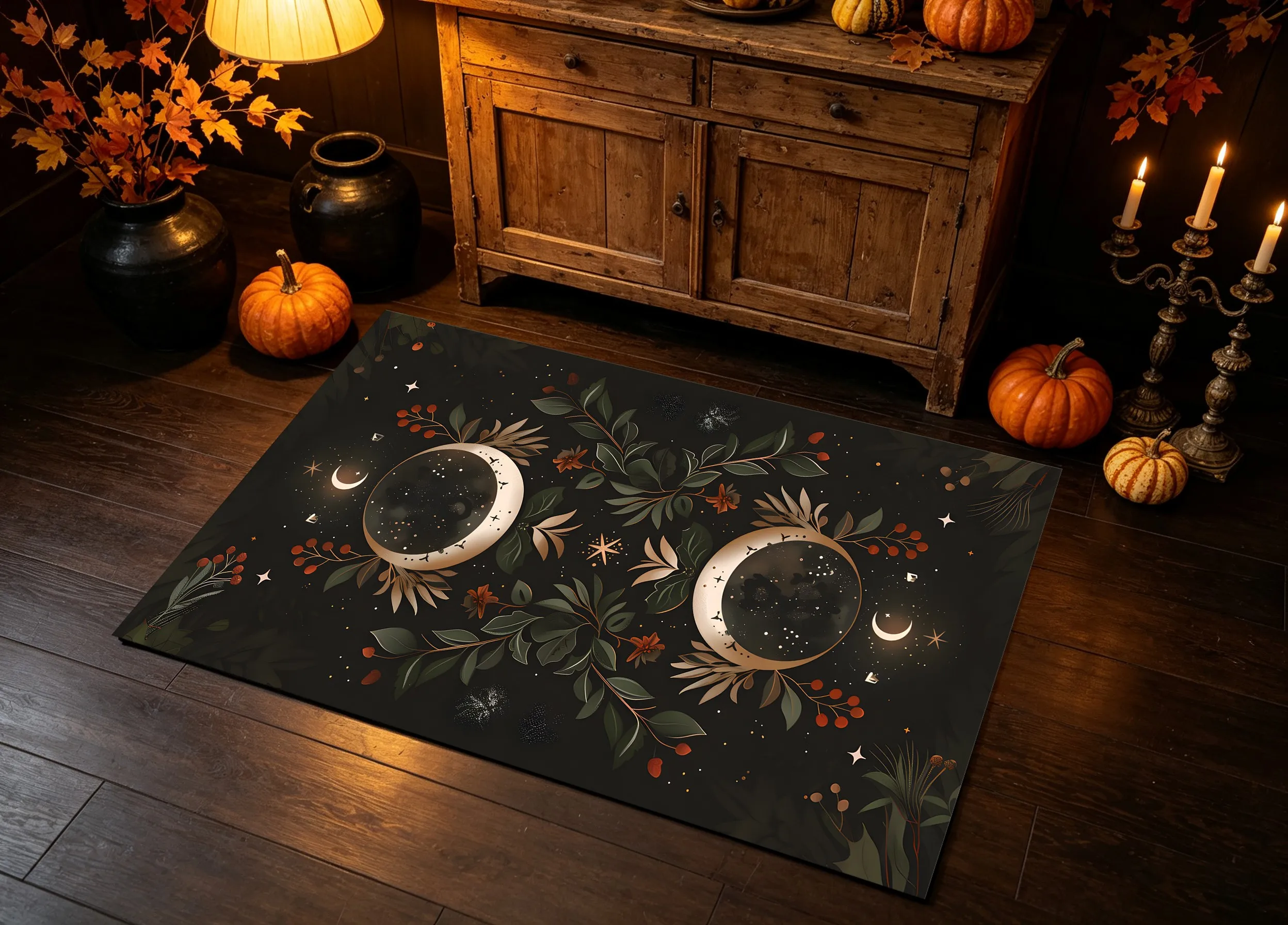 Velvet Rug Dark Retro Symmetrical Star Moon Berry Pattern for Entryway Bedroom Living Room Decor