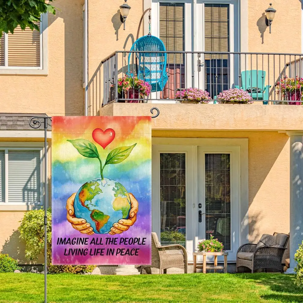 Imagine All The People Living Life In Peace Garden Flags for Outside, Peaceful Garden Flag, Racial Equality Yard Flag, Rainb zzo