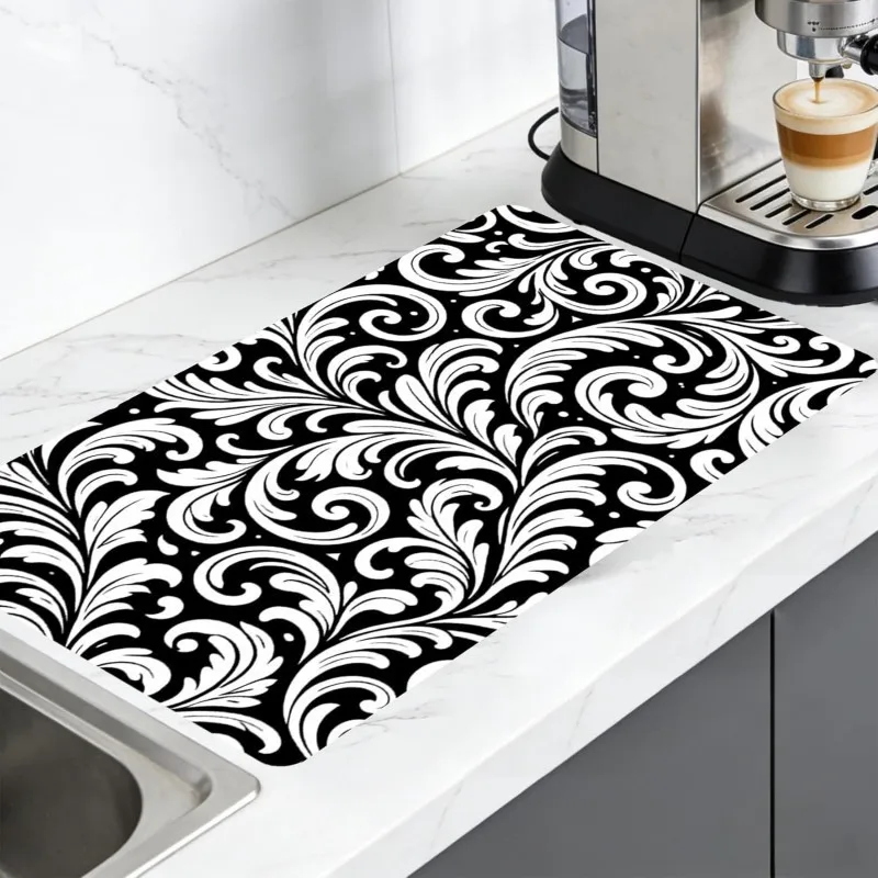Black and White Damask Dish Drying Mat Modern Baroque Kitchen Counter Mat Aesthetic Scroll Coffee Bar Pad Absorbent