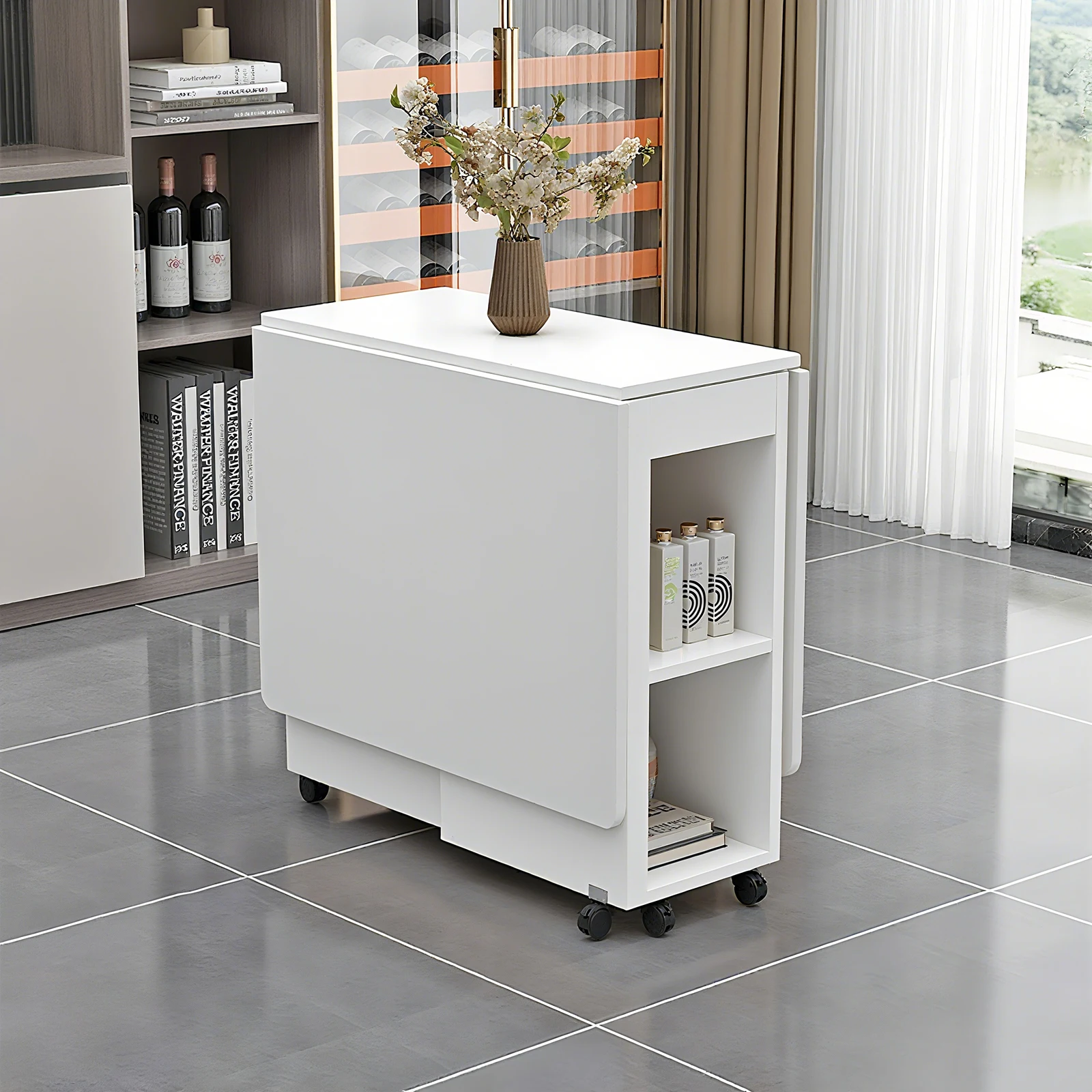 Folding Drop Leaf Dining Table Set for 4 with 4 Chairs, Space Saving Foldable Dining Table with Storage and 6 Wheels, 47.2 inch