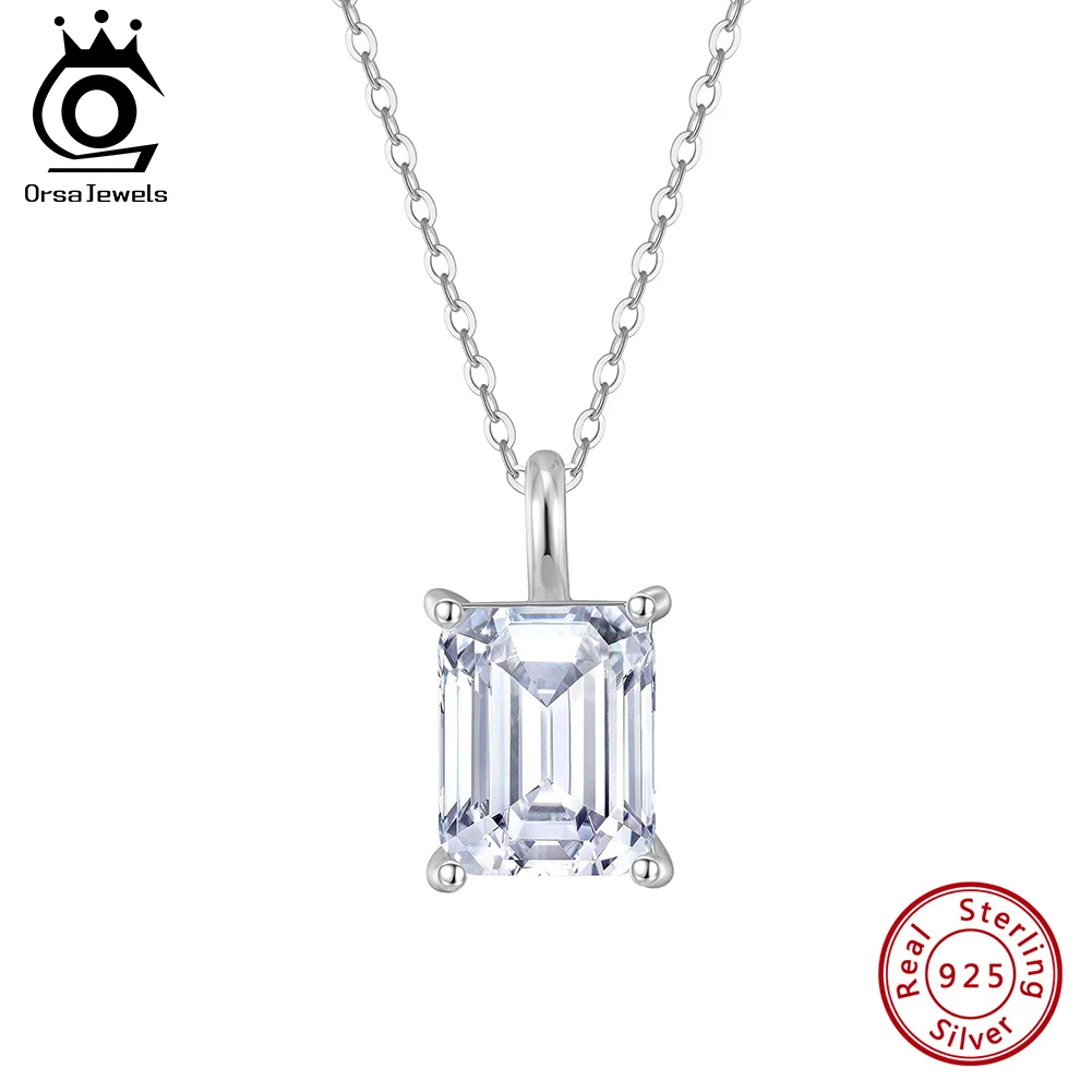 ORSA JEWELS Soild 925 Sterling Silver Square Pendant Necklace with 8A Cubic Zirconia Lovers Jewelry Gift 45cm Neck Chain LZN27