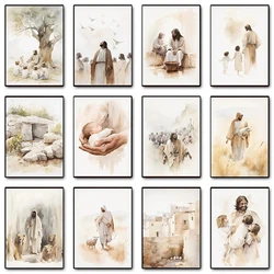 Bible Scenes Poster Jesus on The Path Teaching Child Walking on Water Canvas Paintings Wall Art HD Picture Home Decor Frameless
