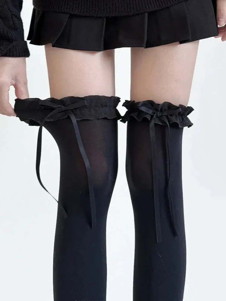 1Pair Spring/Summer Women Stockings Sweet Lace Bows Thigh High Stockings Japanese Style Lolita Girls Kawaii Over Knee High Socks