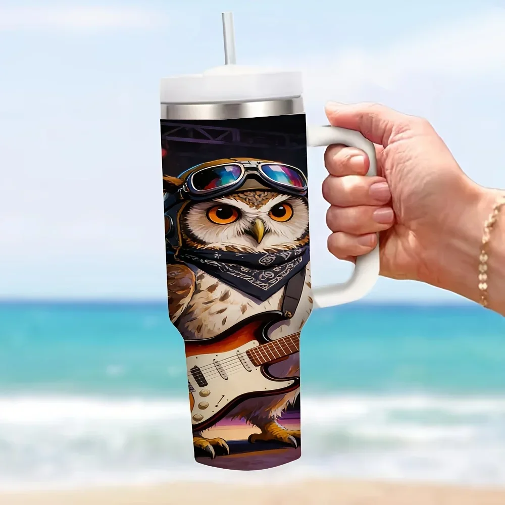40oz Rock Star Owl Guitar Stage Spotlight Tumbler With Handle And Straw Stainless Steel Insulated Travel Mug Full Wrap Music Concert Print Large Capacity Coffee Cup Music Lover Gift