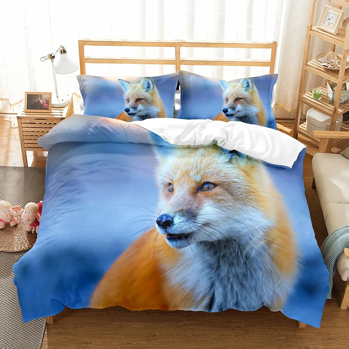 Fox dekbedovertrekset cartoon schattige vos polyester dekbedovertrek koning koningin full size voor kind jongen meisje beddengoed set met kussensloop