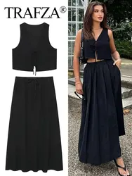 TRAFZA Woman 2 Piece Set Solid Texture Bow Lace Up V-Neck Tank Top + High Waist Drawstring Pockets Casual Women's Long Skirt