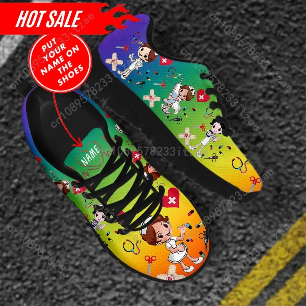 Colorful Cartoon Nurse Sneakers Women's Shoes Custom Name Doctor Print Mesh Pride Flat Shoes for Laides Dropshipping