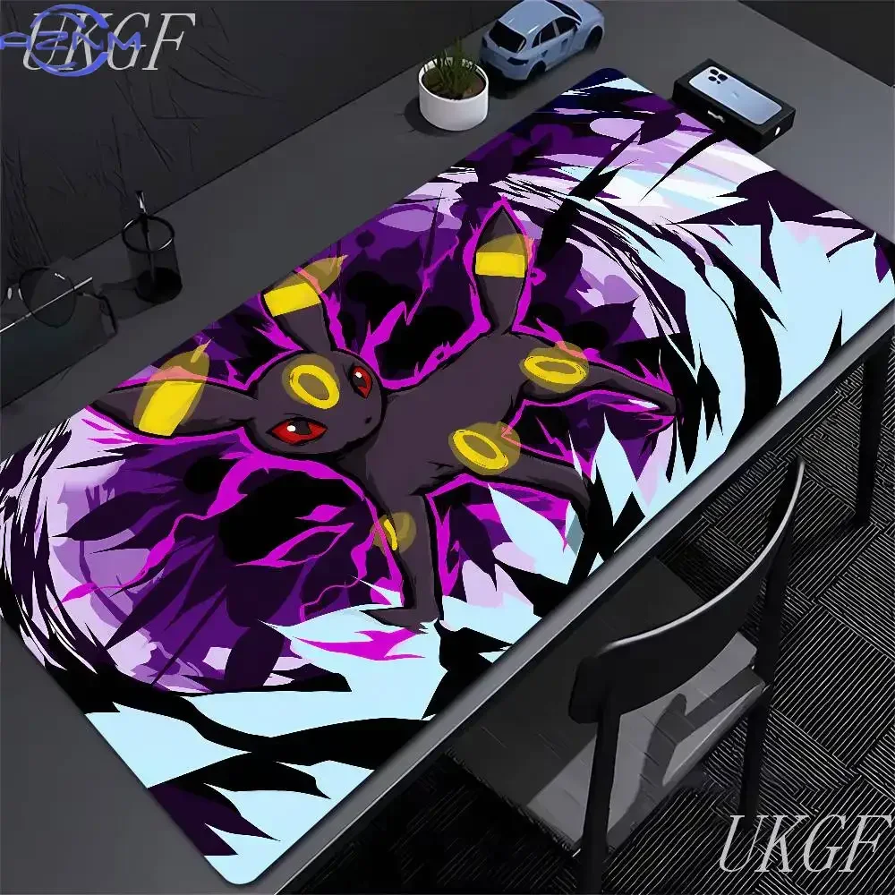 Rubber Mouse Pad Anime Umbreon Purple Splash Art Pattern Anti-Slip Gaming Desk Mat Stitched Edge Desktop Protector for Gaming an