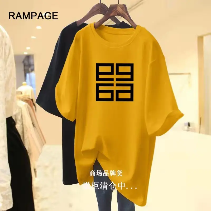 Lady Basic Pullover Summer Pure Cotton Short Sleeve O-neck Loose T-shirt Lady Chic Geometric Printed Casual Top Tees