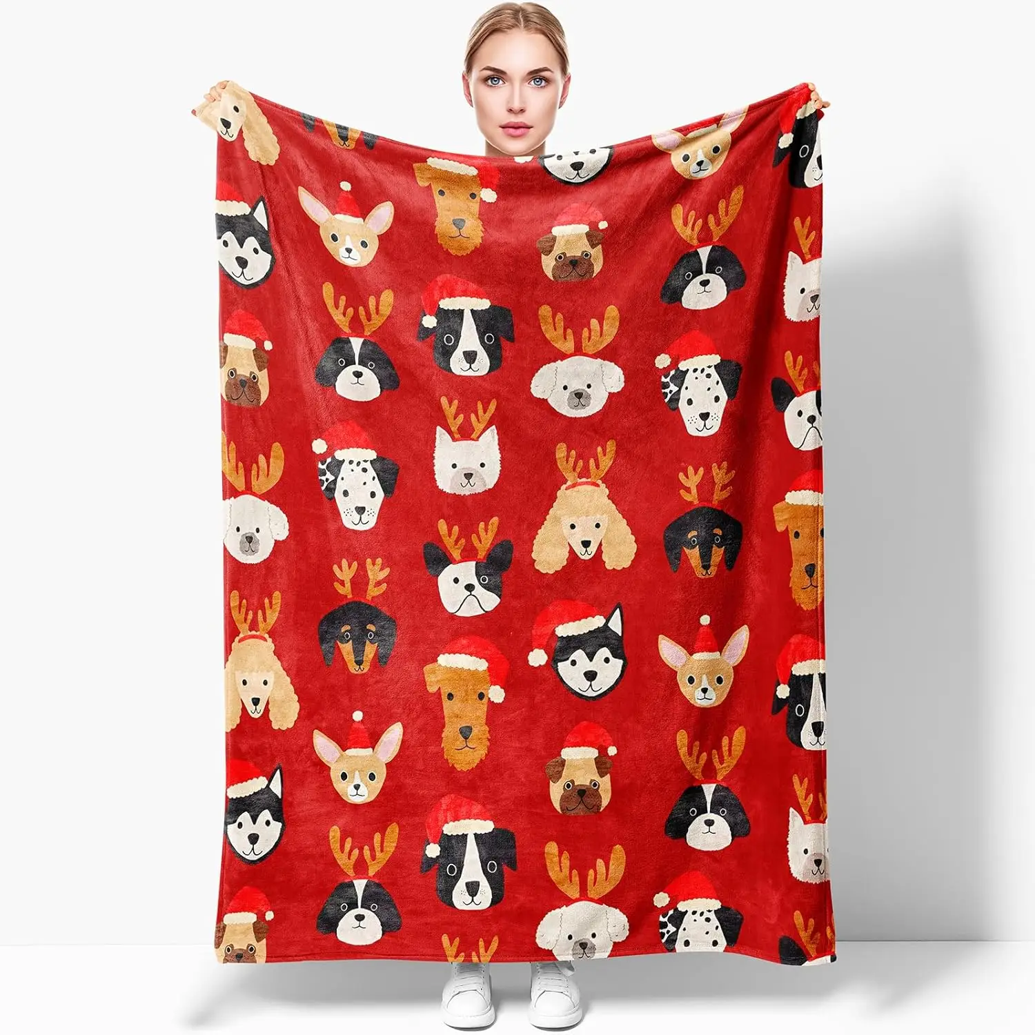 Christmas Dog Lover Throw Blanket - Cozy Flannel Throw with Festive Dogs in Santa Hats & Reindeer Antlers, Soft Holiday Blanket