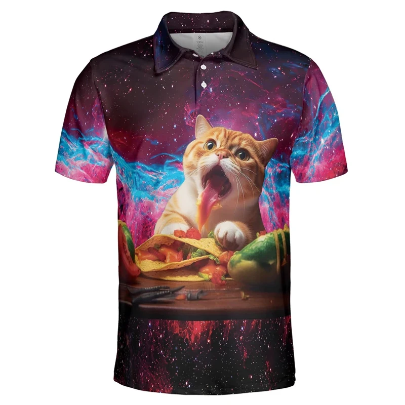 Funny Galaxy Cat 3d Print Short Sleeve Polo Shirts For Men Cartoon Kids Short Sleeve Harajuku Fashion Lapel Polo Shirt Tops Tees