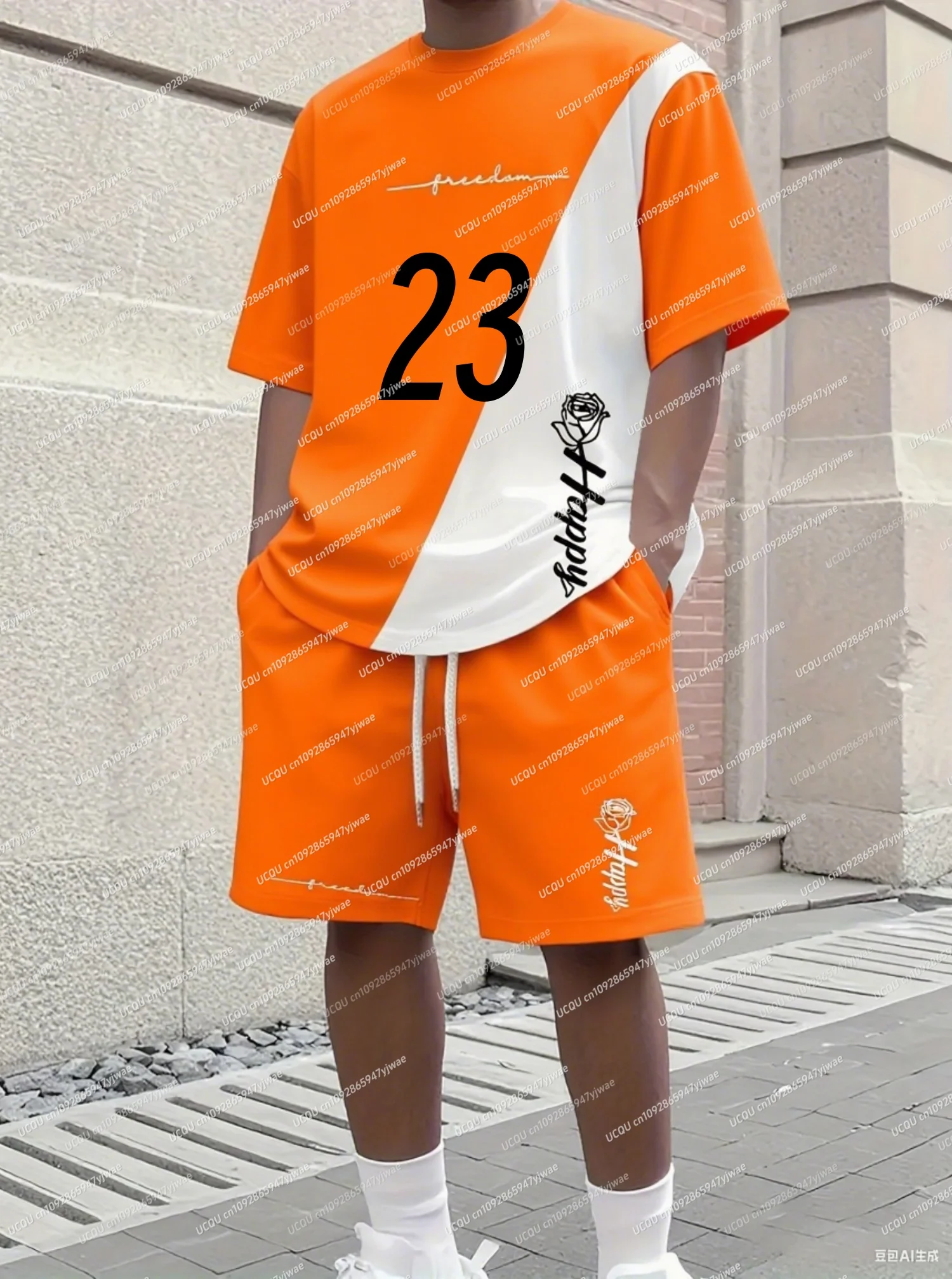 

Summer Color block No.23 ROSE Print Men Casual Short Sleeve T-Shirt Shorts Set Adult Basketball Jogging 2 Piece Set men Clothing