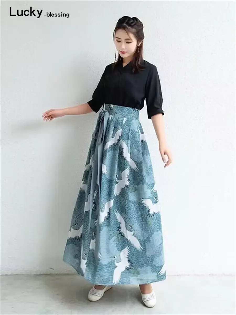 Retro Japanese Style Crane Print Dress Vintage Hanfu Long Kimono Girls Skirt Top Kawaii Party Ancient Oriental Women Cosplay New