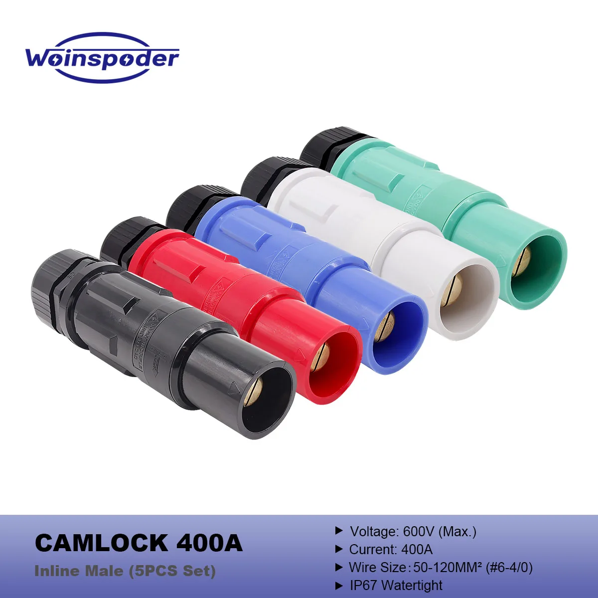 

WOINSPODER Набор из 5 шт., 400 А, 600 В, линейная вилка Camlock, однополюсный разъем питания, IP67, водонепроницаемый для кабеля 50-120 кв. мм ( # 6-4/0)