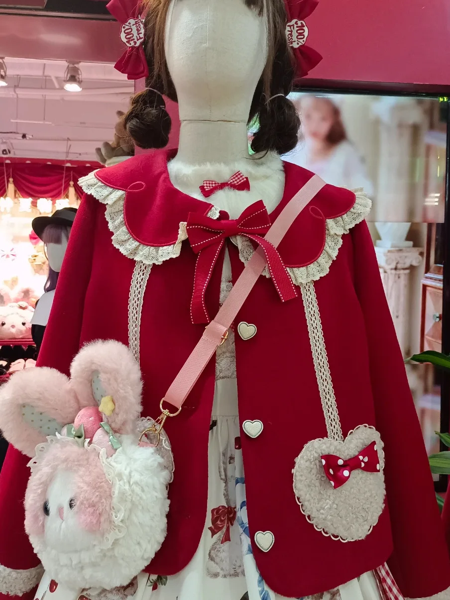 일본 오리지널 레트로 가을 겨울 짧은 모직 코트 크리스마스 새해 레드 달콤한 귀여운 소녀 로리타 두꺼운 오버코트