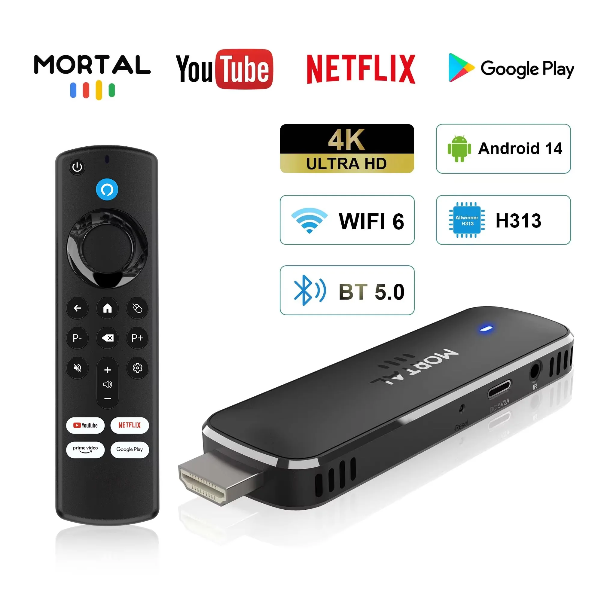 Reproductor multimedia inteligente con Android 14, FireTV Stick, Android, Android, asistente de voz de Google, Mortal Q8, WIFI 6, Bluetooth 5,0, Allwinner H313