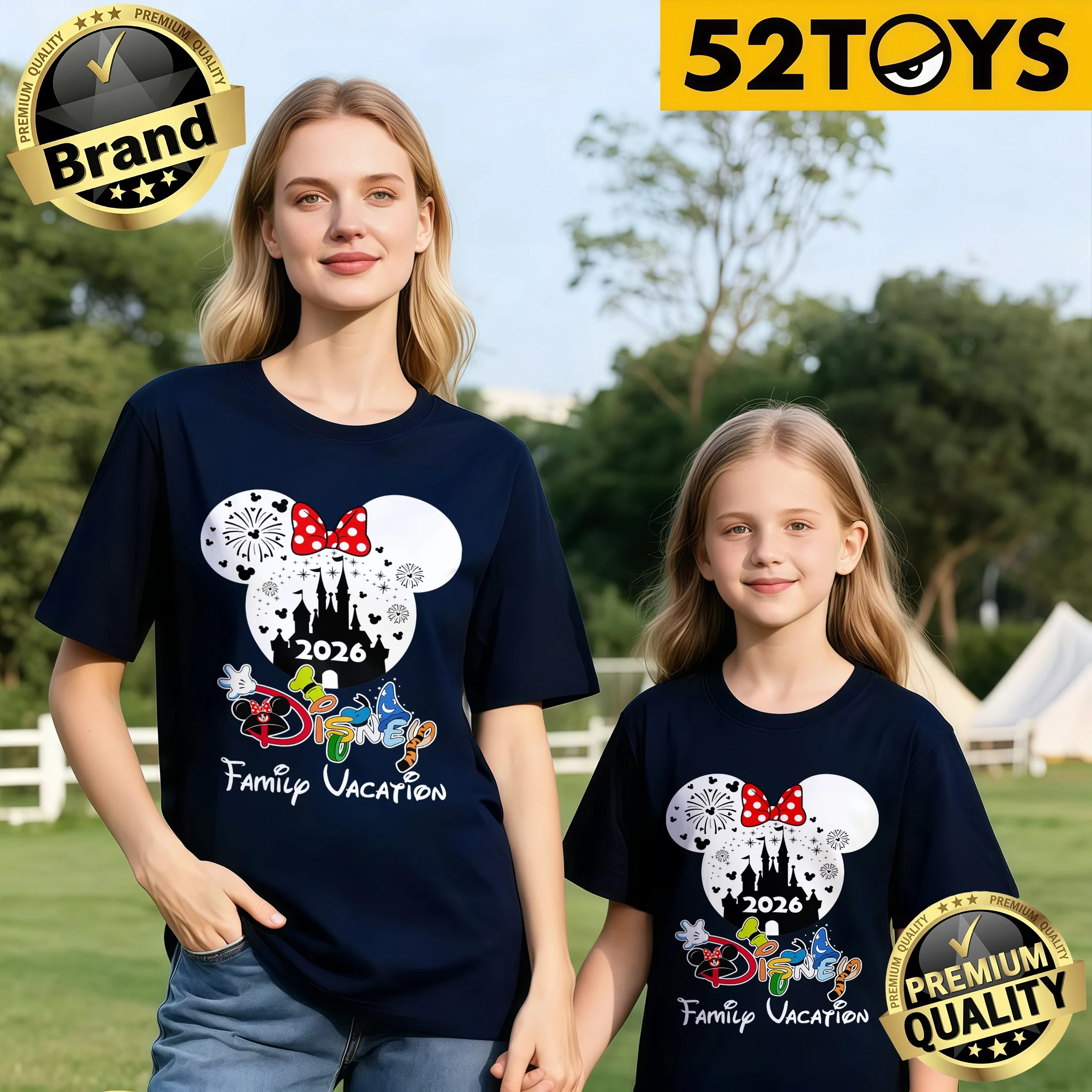 

2026 Summer Pure Cotton "Disney Family Vacation" 2026 Minnie Bow Tie and Castle Kids' Clothing Casual T-Shirt (Single Piece)