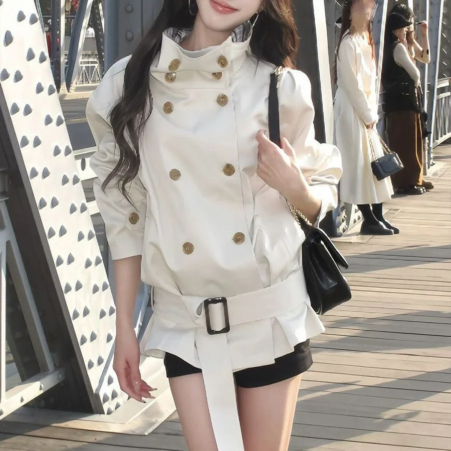 British Style White Stand Collar Short Coat Women's Fashion Waist-Cinching Autumn New Arrival Spring Outerwear T-Shirt