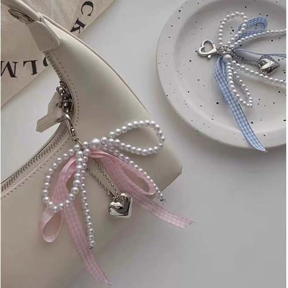 Lovely Pearl Plaid Ribbon Bow Key Chain Cartoon Bag Pendant Balletcore Keychain Soft Toys Phone Pendant Birthday Gift