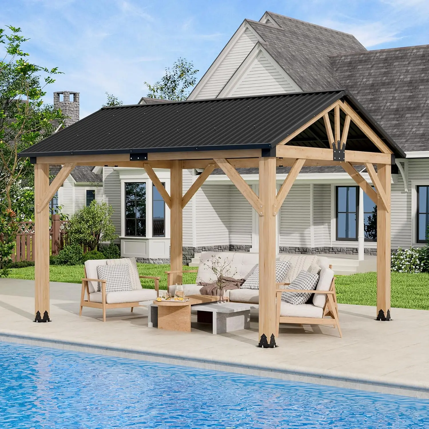 

Деревянная беседка 10' x 12', уличная беседка с жесткой крышей, пергола с двускатной крышей из оцинкованной стали, уличный павильон для патио, на заказ