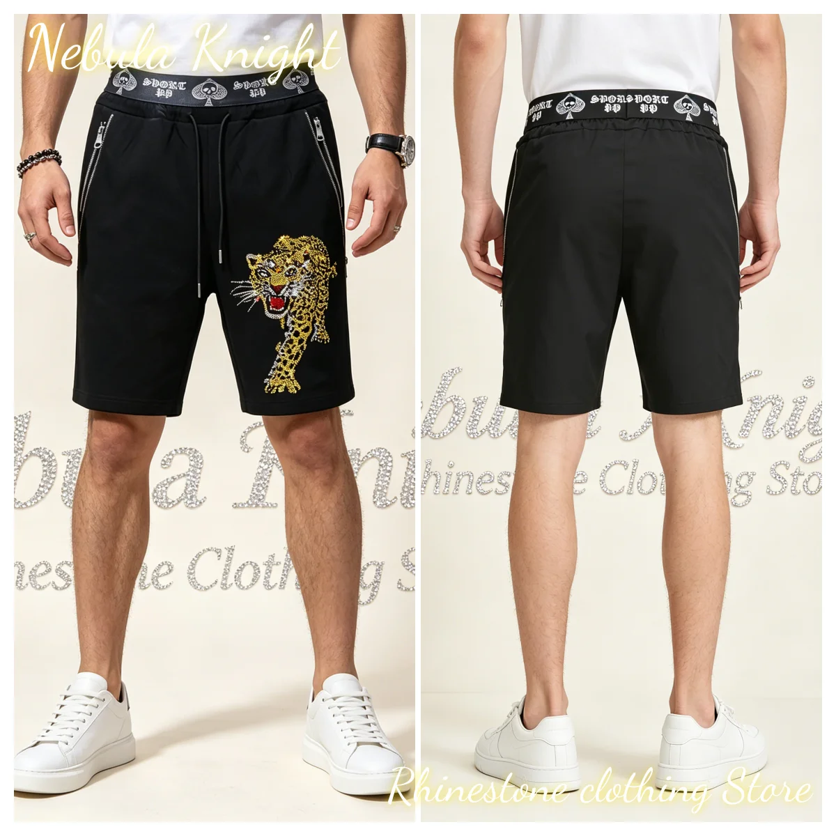 New Summer Men Rhinestone Sports Shorts Drawstring Elastic Waist Zipper Pocket Casual Jogging Running Beach Shorts For Male