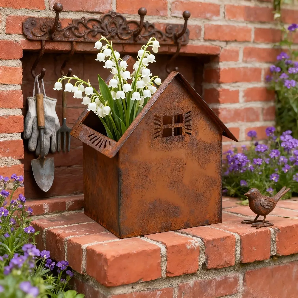 Casa rústica em forma de vaso de flores de metal vintage fazenda jardim plantador ao ar livre pátio quintal varanda casa decorativa planta titular