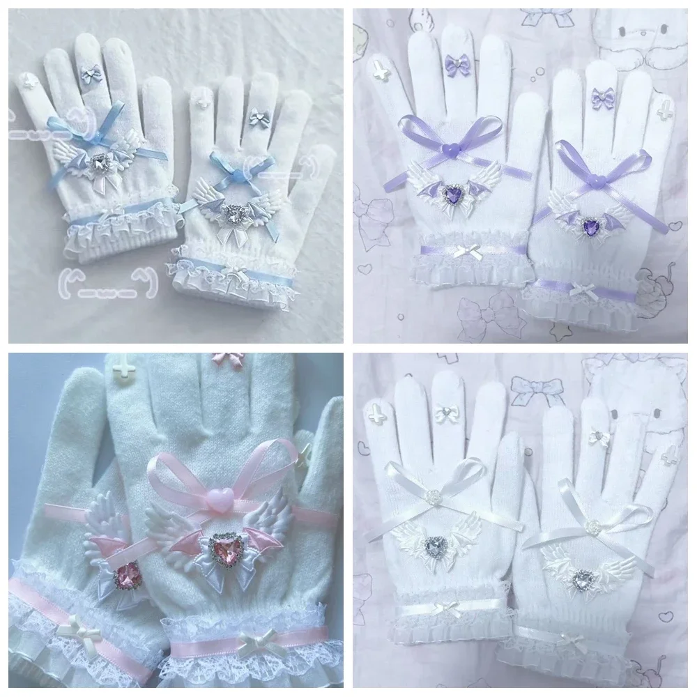 Women Japanese Y2K Girl Sweet Lolita Cute Full Finger Gloves With Rhinestone Angel Wing Bow Cross Decor Bow Subculture Mittens 6